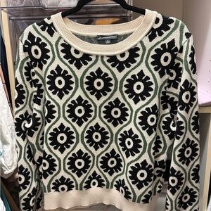 Adrianna Papell Cream, Black & Green Patterned Crewneck Sweater